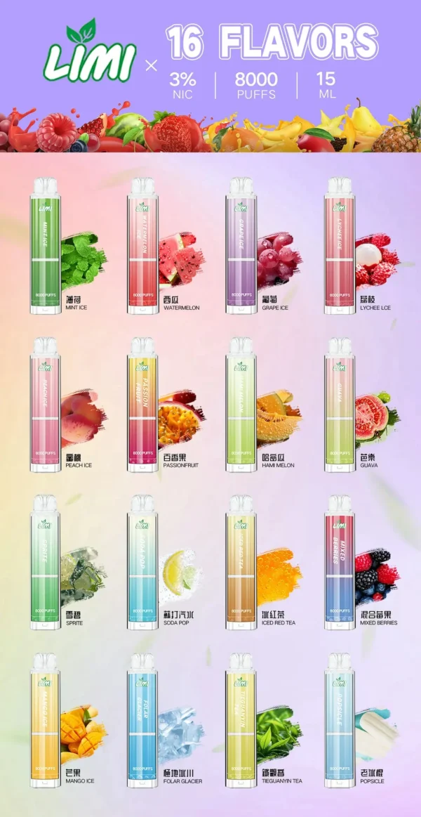 LIMI 8000口拋棄式電子煙｜15ml可充電，吸氣LED發光，台灣正品現貨快速出貨