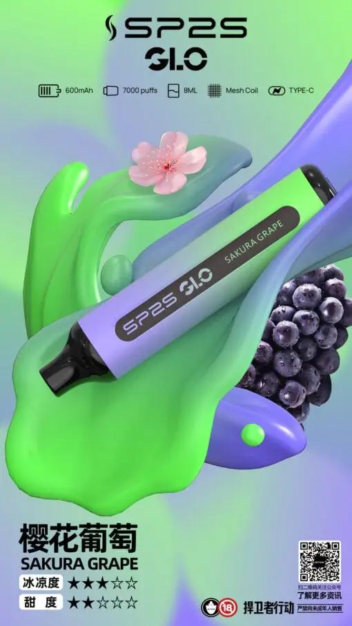 SP2S GLO 7000口拋棄式｜30mg丁鹽Mesh網芯，8ml快充，台灣正品現貨下單秒發
