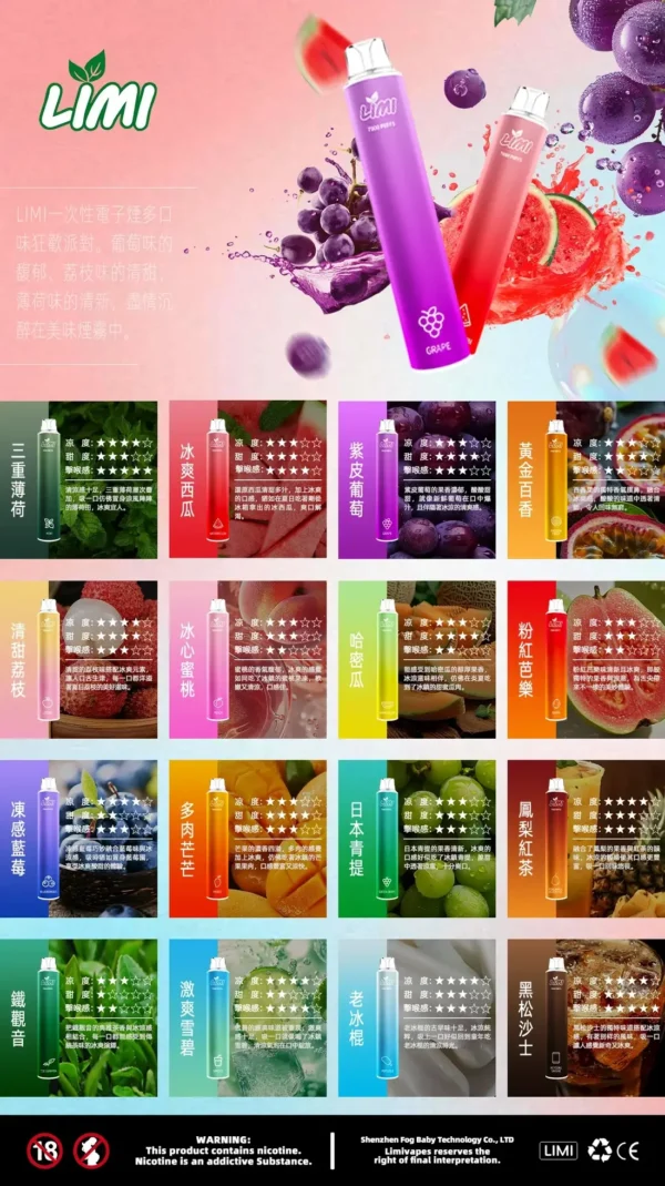 LIMI 7000口拋棄式電子煙｜LED發光650mAh可充電，水果涼感，台灣正品現貨快速出貨