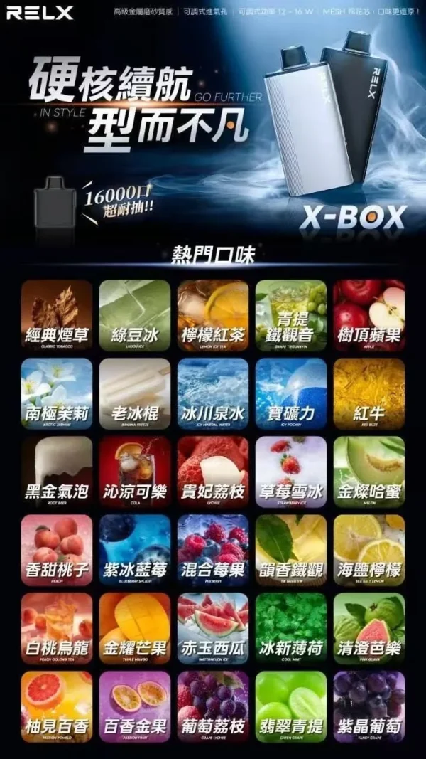 RELX-悅刻-X-BOX-16000口拋棄式電子煙-風味圖 RELX 悅刻 X-BOX 16000口 換彈拋棄式電子煙套裝|12W-16W雙段功率調節 Mesh網狀芯 3%丁鹽,台灣現貨正品快速出貨