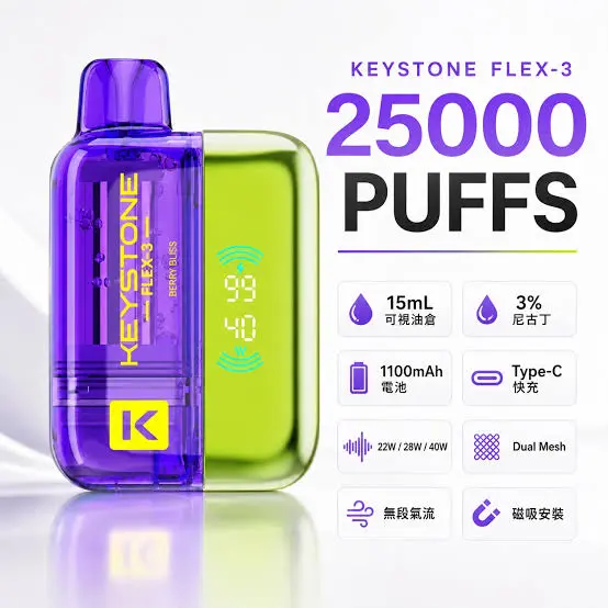 【買一盒煙彈送主機】KEYSTONE FLEX-3 鑰石 25000口 磁吸換彈拋棄式電子煙套裝｜15ml透明油艙 22W/28W/40W三段功率 1100mAh大電池，台灣現貨正品快速出貨